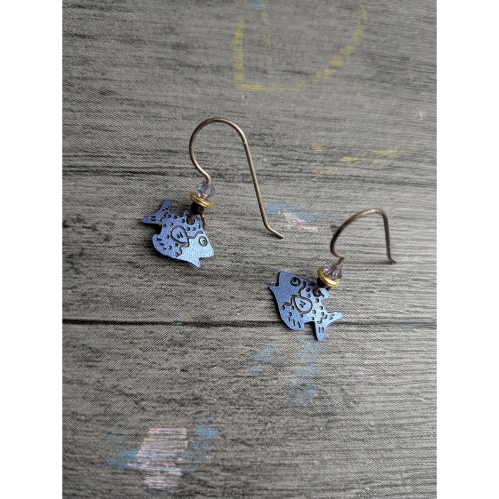 Blue Fish Artisan Dangle Earrings Purple Crystal Bead French Wire Whimsical